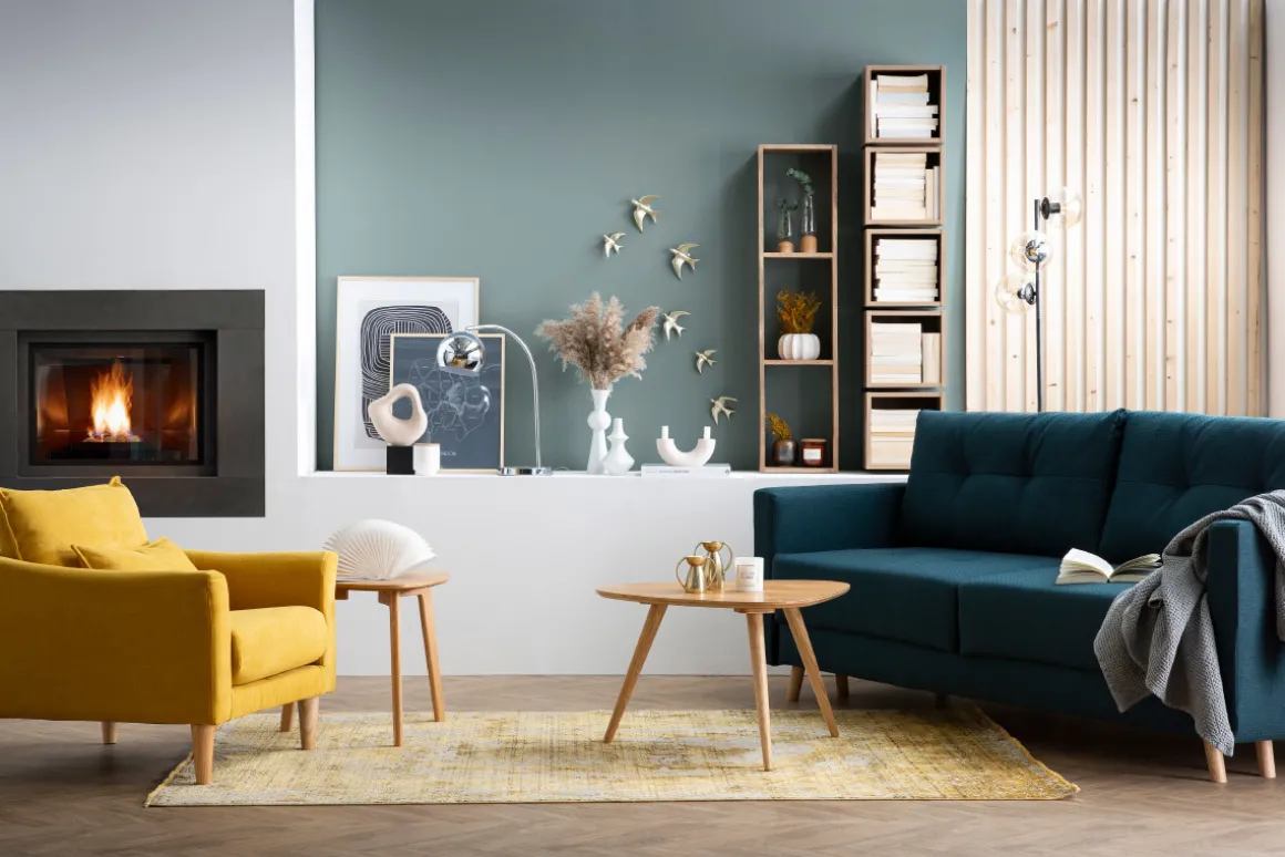 Miliboo Fauteuil Design|Voir Tous Les Fauteuils-Fauteuil scandinave en tissu effet velours jaune moutarde et bois clair KATE