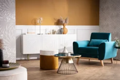 Miliboo Fauteuil Design|Voir Tous Les Fauteuils-Fauteuil scandinave en tissu effet velours jaune moutarde et bois clair EKTOR