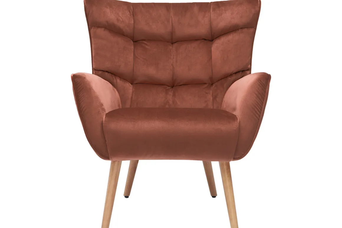 Miliboo Fauteuil Design|Voir Tous Les Fauteuils-Fauteuil scandinave en tissu velours rouge tomette et bois clair AVERY