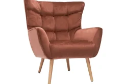 Miliboo Fauteuil Design|Voir Tous Les Fauteuils-Fauteuil scandinave en tissu velours rouge tomette et bois clair AVERY