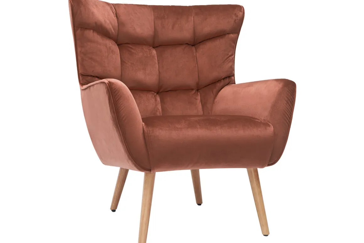 Miliboo Fauteuil Design|Voir Tous Les Fauteuils-Fauteuil scandinave en tissu velours rouge tomette et bois clair AVERY