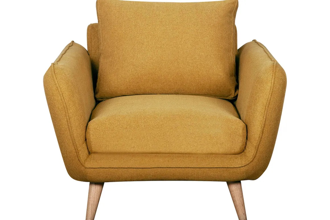 Miliboo Fauteuil Design|Voir Tous Les Fauteuils-Fauteuil scandinave en tissu jaune cumin et bois clair CREEP