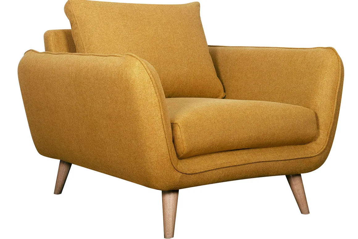 Miliboo Fauteuil Design|Voir Tous Les Fauteuils-Fauteuil scandinave en tissu jaune cumin et bois clair CREEP