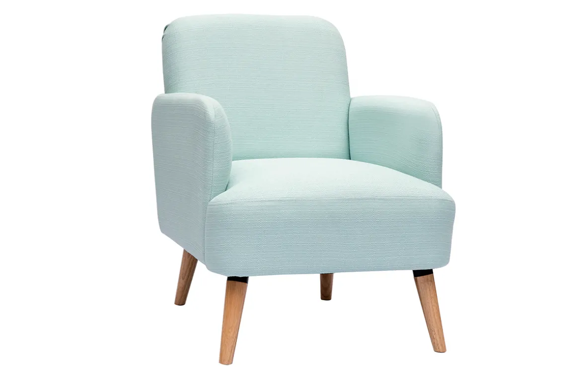Miliboo Fauteuil Design|Voir Tous Les Fauteuils-Fauteuil scandinave en tissu menthe à l'eau et bois clair ISKO