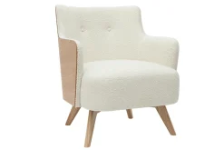 Miliboo Fauteuil Design|Voir Tous Les Fauteuils-Fauteuil scandinave en tissu effet laine bouclée blanc cassé et bois clair VALMY