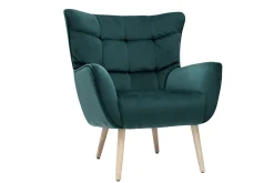 Miliboo Fauteuil Design|Voir Tous Les Fauteuils-Fauteuil scandinave en tissu velours bleu pétrole et bois clair AVERY