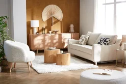 Miliboo Fauteuil Design|Voir Tous Les Fauteuils-Fauteuil scandinave en tissu effet laine bouclée blanc cassé et bois clair MAGGIE