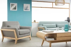 Miliboo Fauteuil Design|Voir Tous Les Fauteuils-Fauteuil scandinave en tissu gris et bois clair massif YOKO