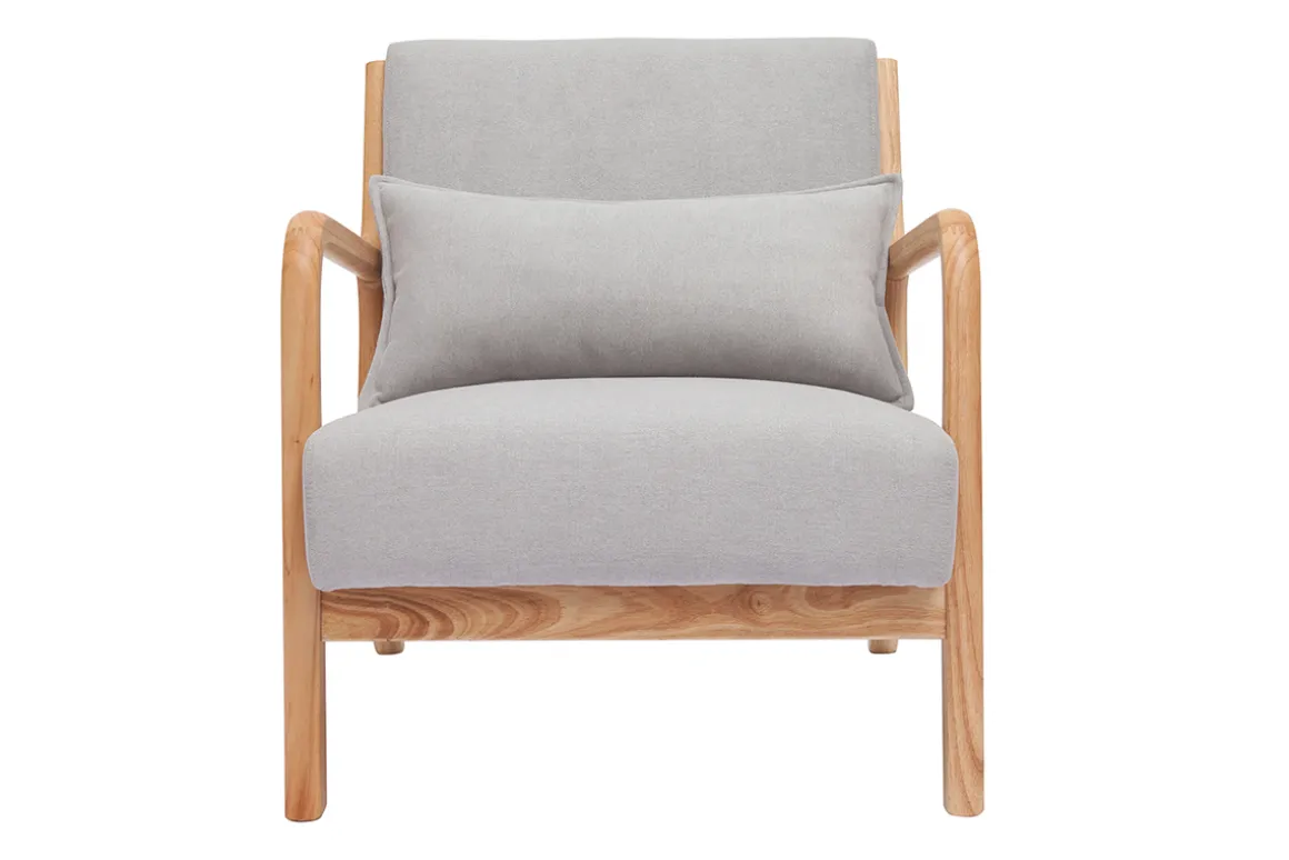 Miliboo Fauteuil Design|Voir Tous Les Fauteuils-Fauteuil scandinave en tissu effet velours gris clair et bois clair massif DERRY