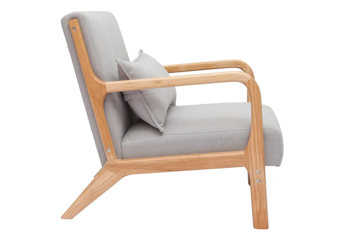 Miliboo Fauteuil Design|Voir Tous Les Fauteuils-Fauteuil scandinave en tissu effet velours gris clair et bois clair massif DERRY