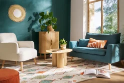 Miliboo Fauteuil Design|Voir Tous Les Fauteuils-Fauteuil scandinave en tissu effet laine bouclée blanc cassé et bois clair ISKO