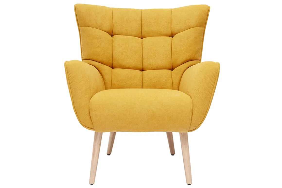 Miliboo Fauteuil Design|Voir Tous Les Fauteuils-Fauteuil scandinave en tissu effet velours jaune moutarde et bois clair AVERY
