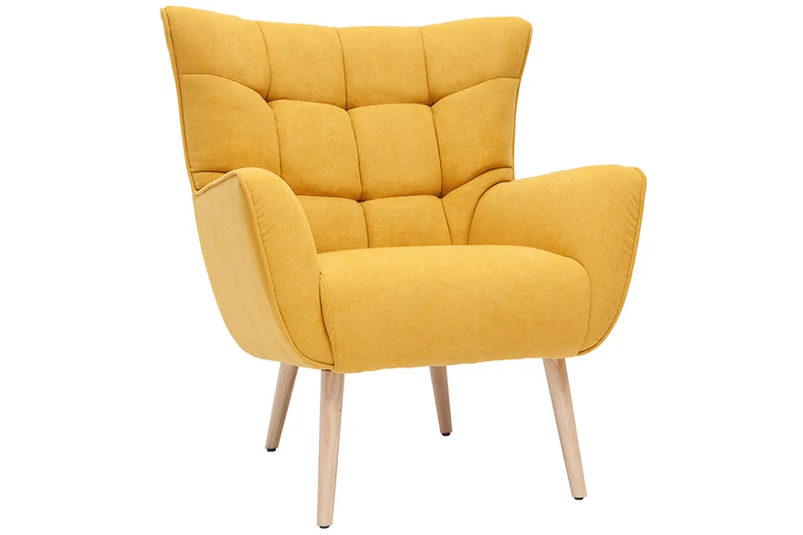 Miliboo Fauteuil Design|Voir Tous Les Fauteuils-Fauteuil scandinave en tissu effet velours jaune moutarde et bois clair AVERY