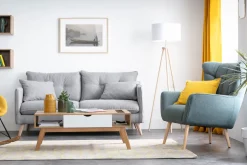 Miliboo Fauteuil Design|Voir Tous Les Fauteuils-Fauteuil scandinave en tissu vert de gris et bois clair AVERY