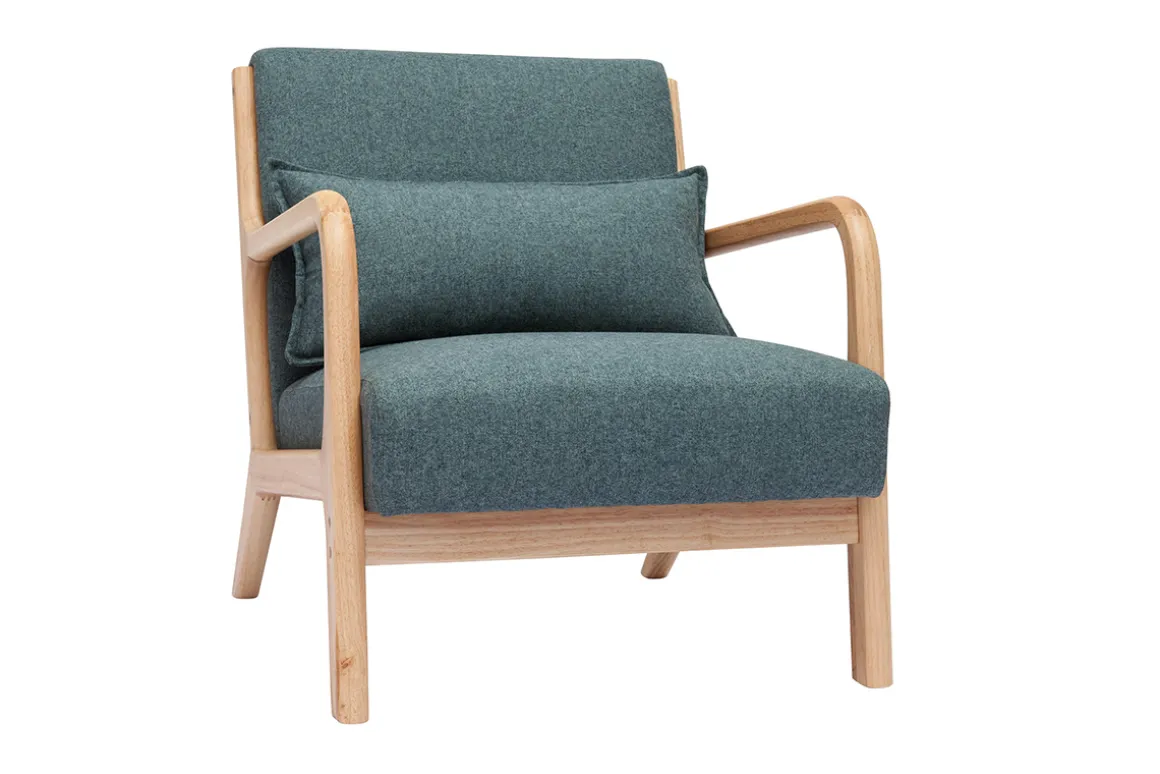Miliboo Fauteuil Design|Voir Tous Les Fauteuils-Fauteuil scandinave en tissu vert de gris et bois clair massif DERRY