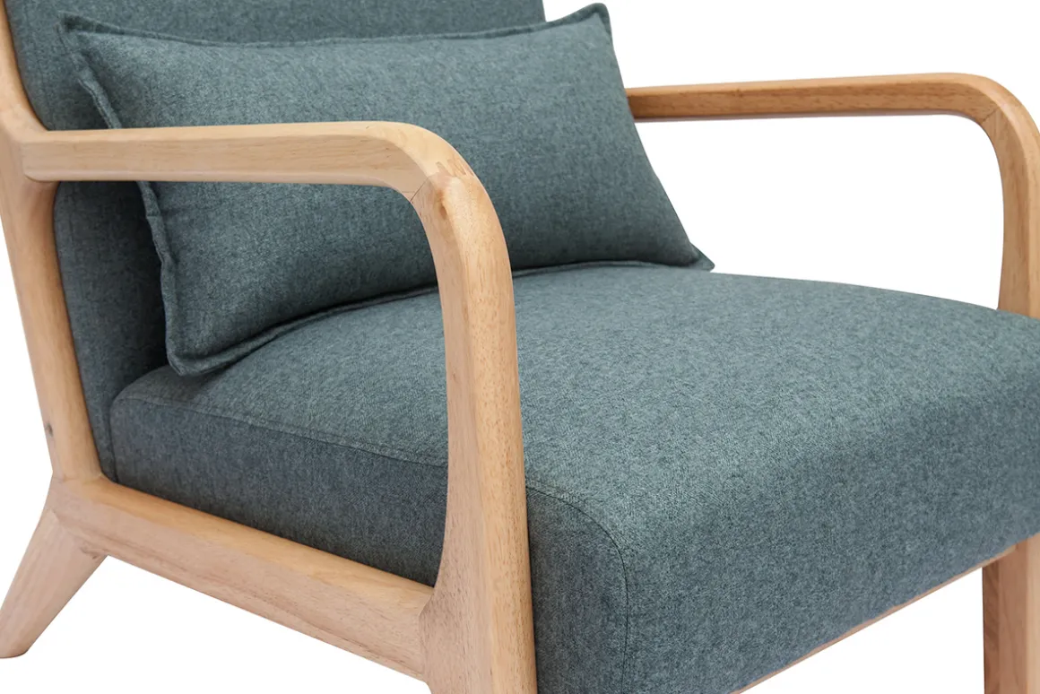 Miliboo Fauteuil Design|Voir Tous Les Fauteuils-Fauteuil scandinave en tissu vert de gris et bois clair massif DERRY