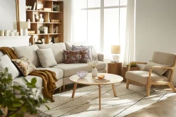 Miliboo Fauteuil Design|Voir Tous Les Fauteuils-Fauteuil scandinave en tissu vert de gris et bois clair massif DERRY