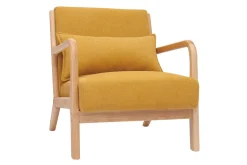 Miliboo Fauteuil Design|Voir Tous Les Fauteuils-Fauteuil scandinave en tissu effet velours jaune moutarde et bois clair massif DERRY