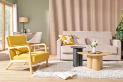 Miliboo Fauteuil Design|Voir Tous Les Fauteuils-Fauteuil scandinave en tissu effet velours jaune moutarde et bois clair massif DERRY