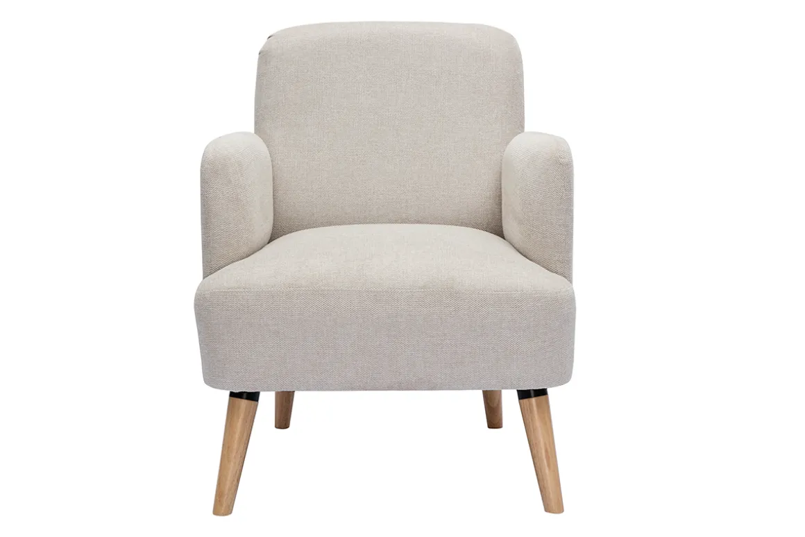 Miliboo Fauteuil Design|Voir Tous Les Fauteuils-Fauteuil scandinave en tissu effet velours texturé beige et bois clair ISKO