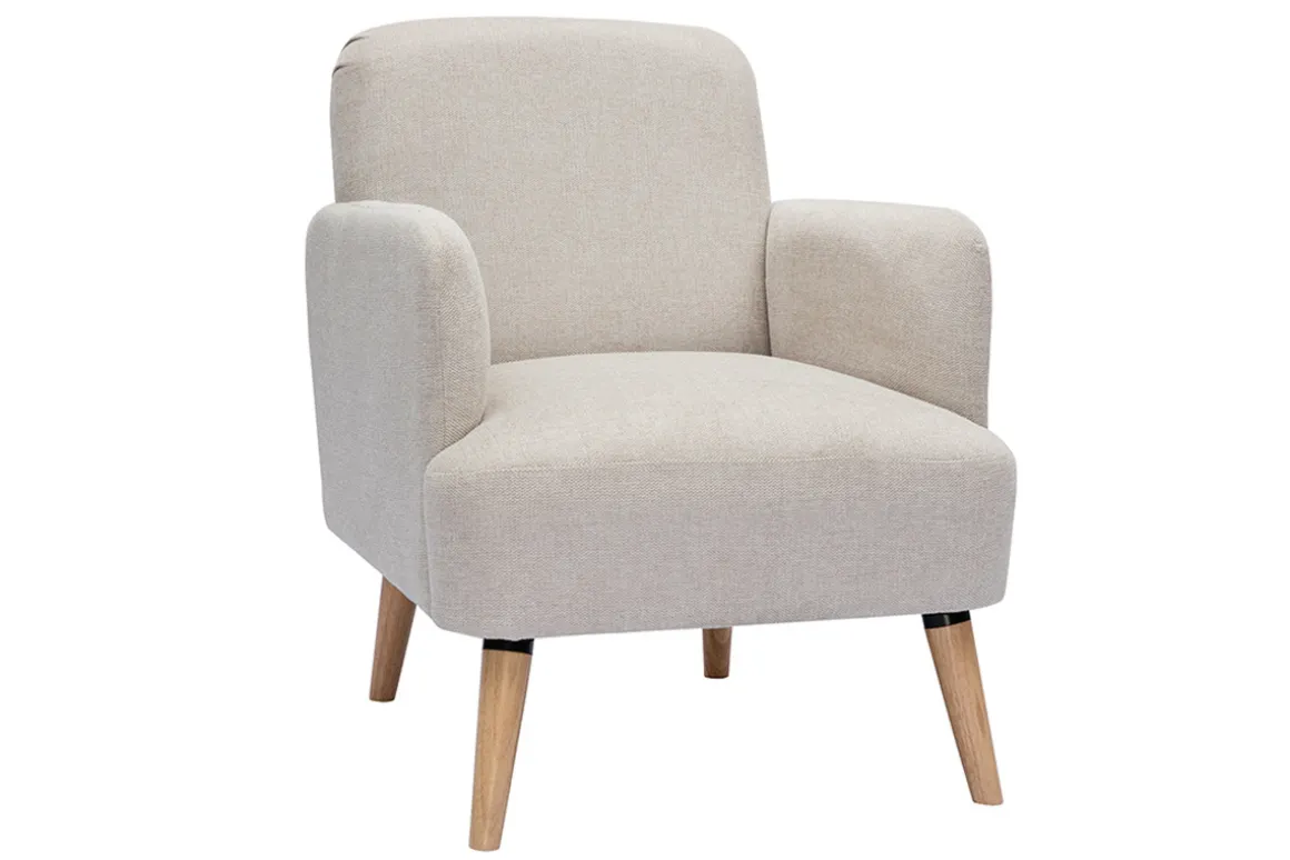 Miliboo Fauteuil Design|Voir Tous Les Fauteuils-Fauteuil scandinave en tissu effet velours texturé beige et bois clair ISKO