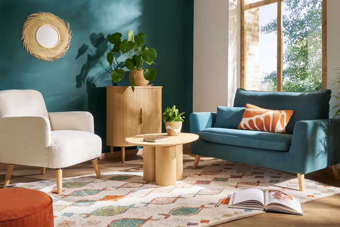 Miliboo Fauteuil Design|Voir Tous Les Fauteuils-Fauteuil scandinave en tissu effet velours texturé beige et bois clair ISKO