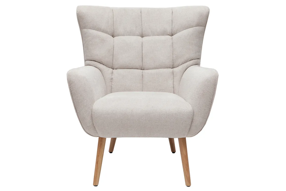 Miliboo Fauteuil Design|Voir Tous Les Fauteuils-Fauteuil scandinave en tissu effet velours texturé beige et bois clair AVERY