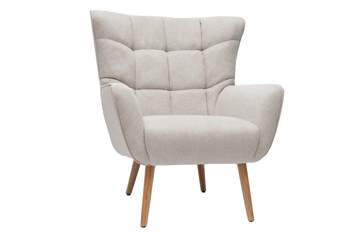 Miliboo Fauteuil Design|Voir Tous Les Fauteuils-Fauteuil scandinave en tissu effet velours texturé beige et bois clair AVERY