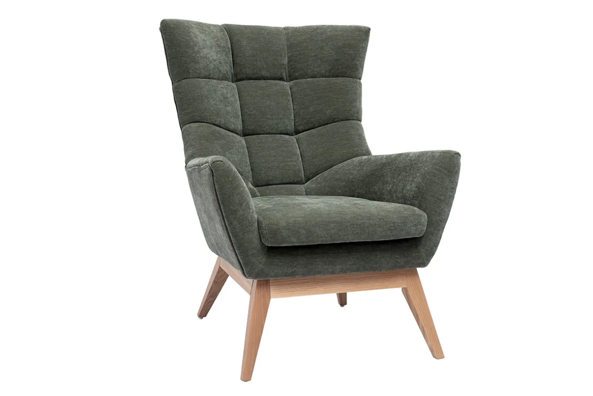 Miliboo Fauteuil Design|Voir Tous Les Fauteuils-Fauteuil scandinave en tissu effet velours vert kaki et bois clair BRODY