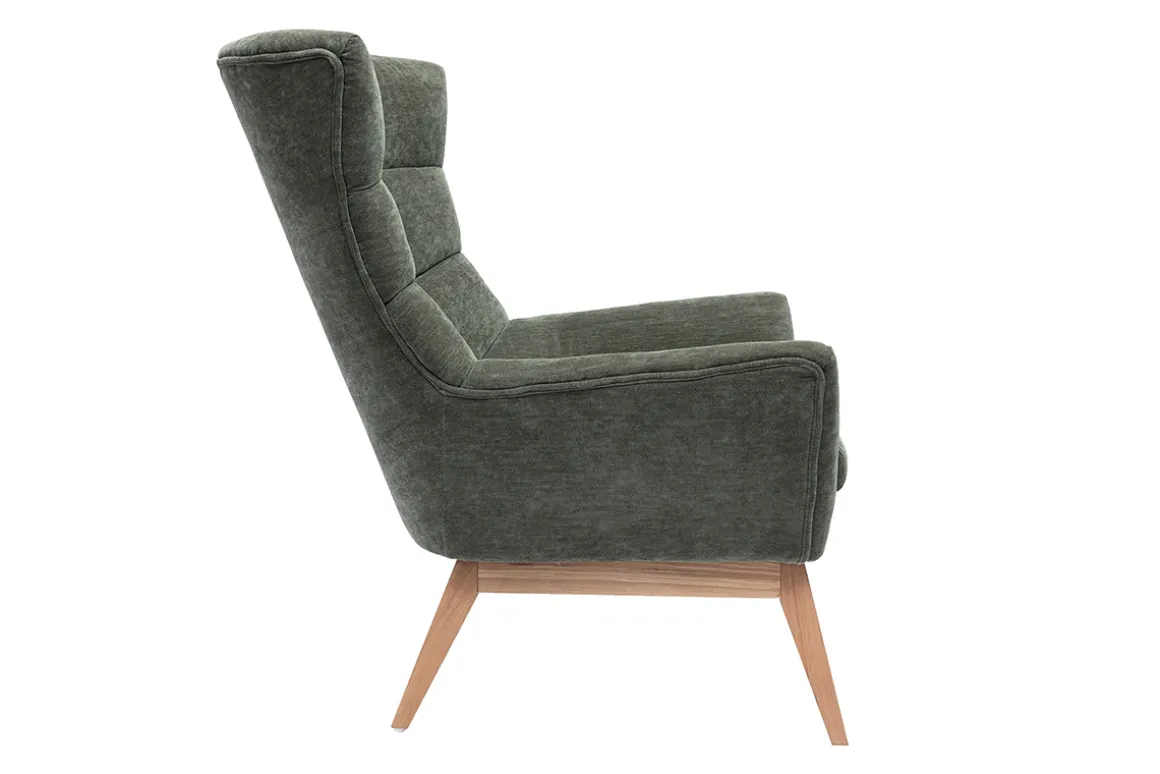 Miliboo Fauteuil Design|Voir Tous Les Fauteuils-Fauteuil scandinave en tissu effet velours vert kaki et bois clair BRODY