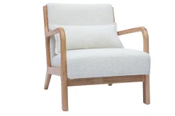 Miliboo Fauteuil Design|Voir Tous Les Fauteuils-Fauteuil scandinave en tissu effet laine bouclée blanc et bois clair massif DERRY