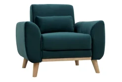 Miliboo Fauteuil Design|Voir Tous Les Fauteuils-Fauteuil scandinave en tissu velours bleu pétrole et bois clair EKTOR