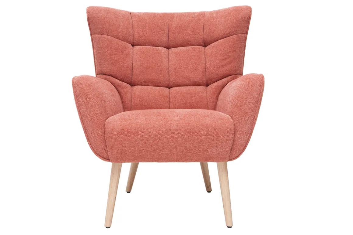 Miliboo Fauteuil Design|Voir Tous Les Fauteuils-Fauteuil scandinave en tissu effet velours texturé terracotta et bois clair AVERY