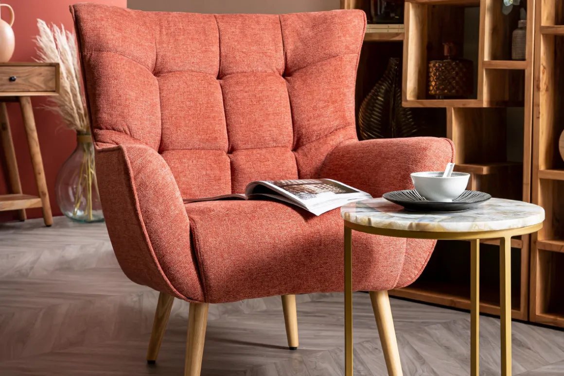 Miliboo Fauteuil Design|Voir Tous Les Fauteuils-Fauteuil scandinave en tissu effet velours texturé terracotta et bois clair AVERY
