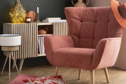 Miliboo Fauteuil Design|Voir Tous Les Fauteuils-Fauteuil scandinave en tissu effet velours texturé terracotta et bois clair AVERY