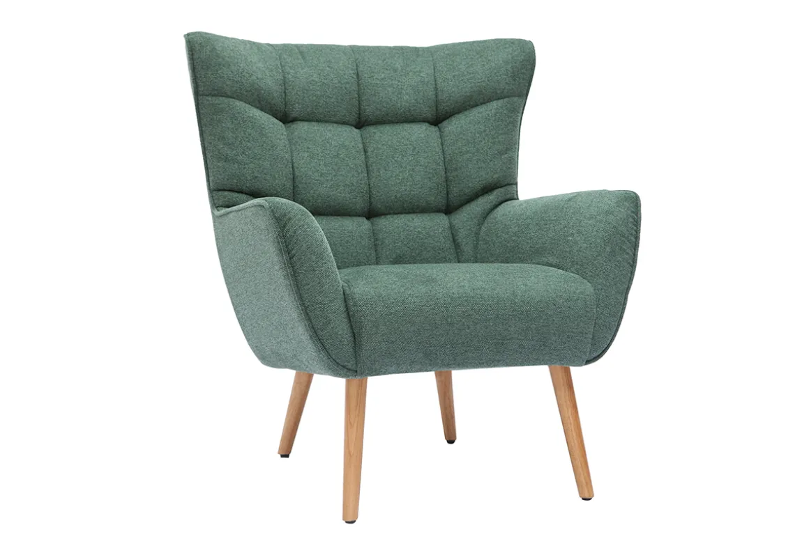 Miliboo Fauteuil Design|Voir Tous Les Fauteuils-Fauteuil scandinave tissu effet velours texturé vert foncé et bois clair AVERY