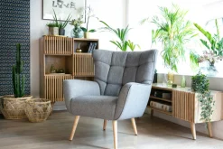 Miliboo Fauteuil Design|Voir Tous Les Fauteuils-Fauteuil scandinave tissu effet velours texturé vert foncé et bois clair AVERY