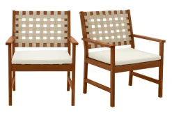 Miliboo Chaise De Jardin-Fauteuils de jardin en bois massif avec coussin blanc et sangles beiges (lot de 2) SANTANA
