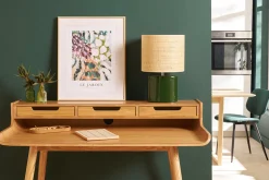 Miliboo Lampe À Poser|Lampe À Poser-Lampe à poser en céramique vert foncé et abat-jour en raphia naturel H40 cm TIGA