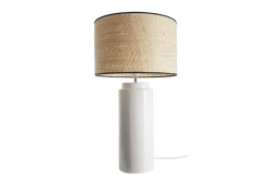Miliboo Lampe À Poser|Lampe À Poser-Lampe à poser en céramique émaillée blanche et abat-jour en raphia naturel H64 cm MAJES