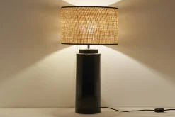 Miliboo Lampe À Poser|Lampe À Poser-Lampe à poser en céramique émaillée noire et abat-jour en raphia naturel H64 cm MAJES