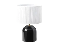 Miliboo Lampe À Poser|Lampe À Poser-Lampe à poser noire en céramique brillante et abat-jour en tissu plissé blanc H35 cm PIEGA