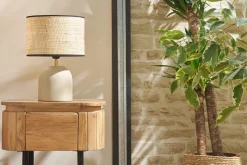 Miliboo Lampe À Poser|Lampe À Poser-Lampe à poser taupe en céramique mate et abat-jour en raphia H35 cm ROCHA