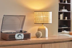 Miliboo Lampe À Poser|Lampe À Poser-Lampe à poser taupe en céramique mate et abat-jour en raphia H35 cm ROCHA