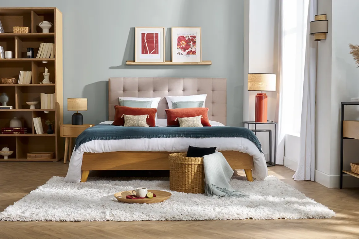 Miliboo Lit Adulte-Lit 2 places 160x200 cm en bois et tissu beige LYNN