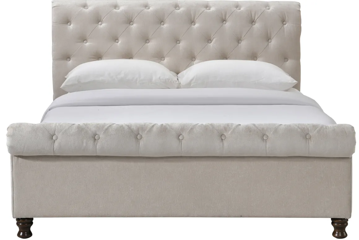 Miliboo Lit Adulte-Lit 2 places 160x200 cm en tissu velours beige capitonné RILEY