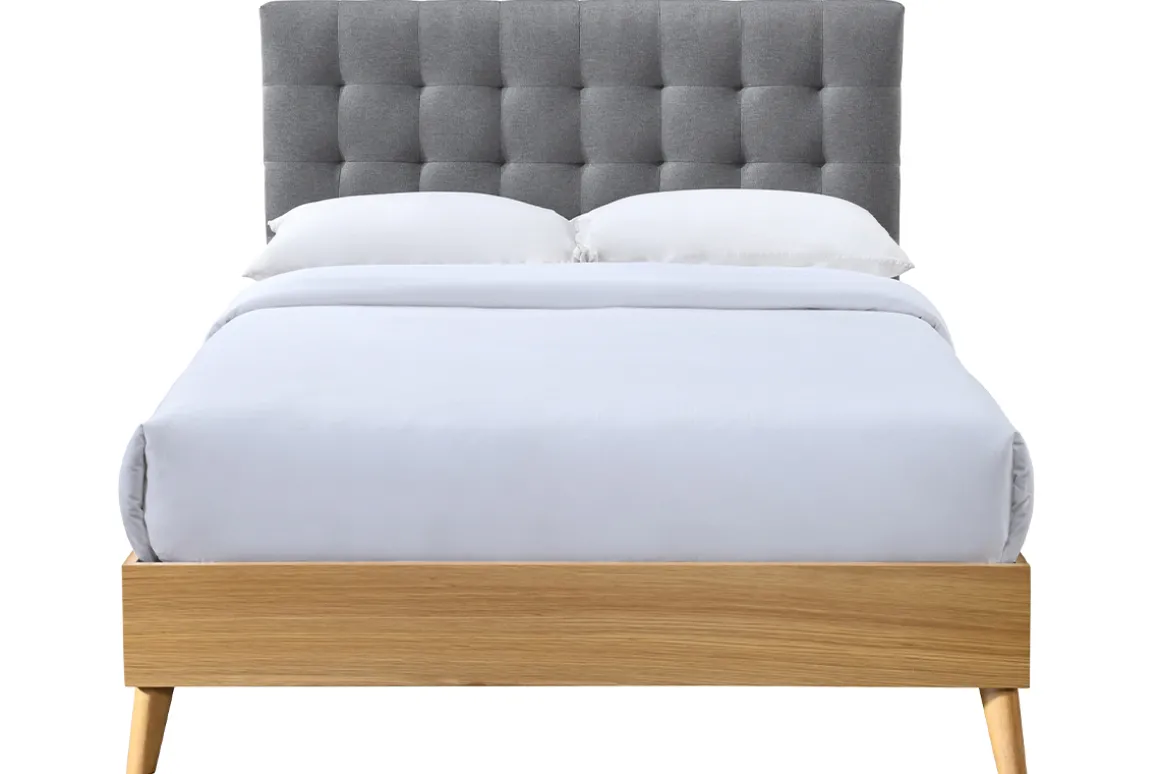 Miliboo Lit Adulte-Lit 2 places 140x200cm en bois et tissu gris capitonné LYNN