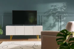 Miliboo Meuble Tv Design-Meuble TV design gravé blanc et métal doré L140 cm OZEN
