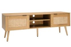 Miliboo Meuble Tv Design-Meuble TV finition bois clair, cannage rotin et métal noir 2 portes L140 cm MANILLE