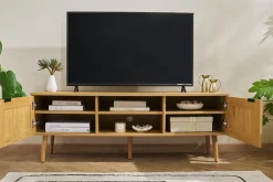 Miliboo Meuble Tv Design-Meuble TV finition bois clair, cannage rotin et métal noir 2 portes L140 cm MANILLE